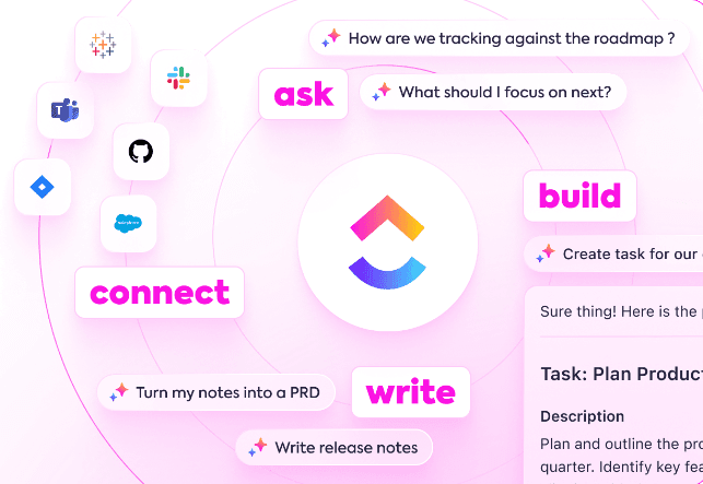 A colorful graphic featuring the ClickUp logo at the center, surrounded by various icons representing integrations with tools like Slack, Microsoft Teams, and GitHub. Text bubbles include phrases like "How are we tracking against the roadmap?" and "Create task for our team," illustrating ClickUp's collaborative and project management capabilities. The design uses a vibrant pink and blue color scheme to convey a modern, user-friendly interface.
