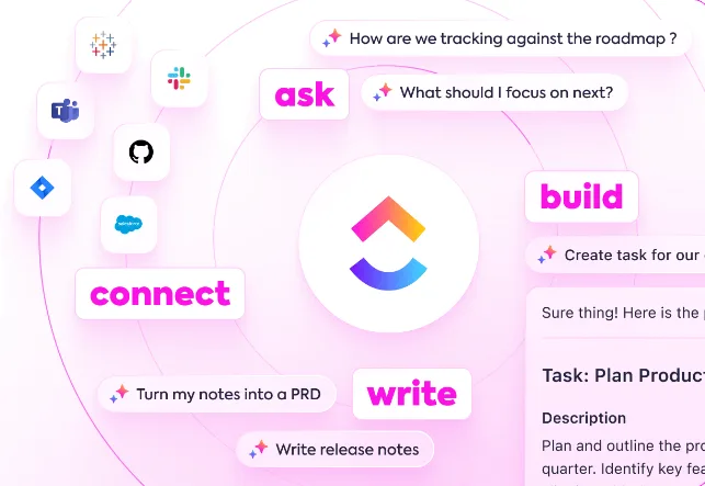 A colorful graphic featuring the ClickUp logo at the center, surrounded by various icons representing integrations with tools like Slack, Microsoft Teams, and GitHub. Text bubbles include phrases like "How are we tracking against the roadmap?" and "Create task for our team," illustrating ClickUp's collaborative and project management capabilities. The design uses a vibrant pink and blue color scheme to convey a modern, user-friendly interface.