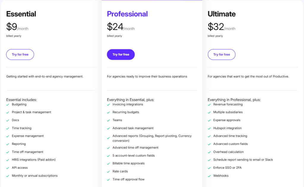 Screenshot of Productive's Pricing