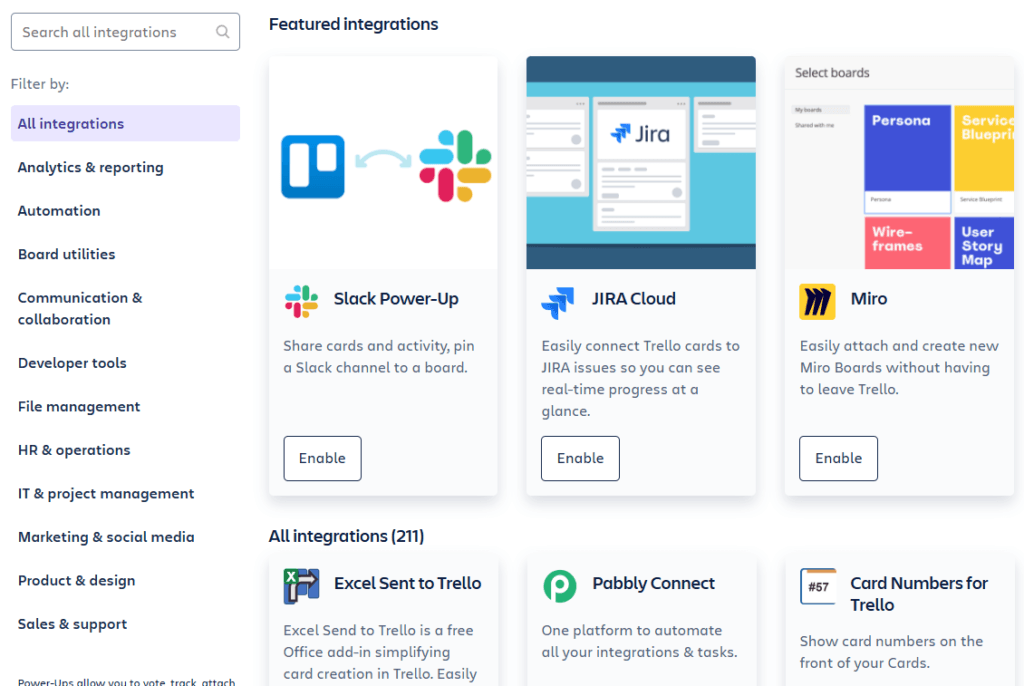 Screenshot of Trello Power-Ups lists.
