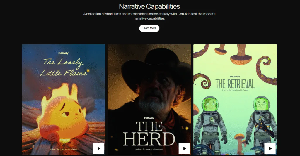 Three posters showcasing short films created with Runway AI's Gen-4: 'The Lonely Little Flame,' 'The Herd,' and 'The Retrieval,' highlighting AI video and content creation capabilities.